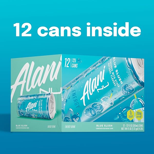 ALANI NU BLUE SLUSH, SUGAR FREE, LOW CALORIE ENERGY DRINKS, 200MG CAFFEINE, BIOTIN, B VITAMINS, ZERO SUGAR, 10 CALORIES, 12 FL OZ CANS, 12 PACK