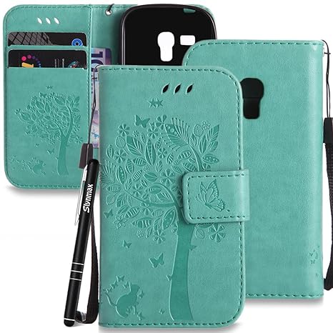 Slynmax Hülle Kompatibel mit Samsung Galaxy S3 Mini Hülle Grün Katze Blume Baum Wallet Case Handyhülle PU Leder Tasche Klapph