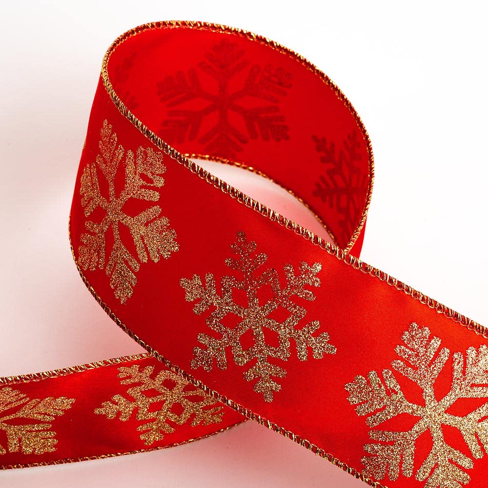 Italian Options Gold Glitter Snowflakes Red Satin Ribbon, Wide Wired Christmas Ribbon for Crafts, Gift Wrapping Accessories, Wreaths, Tree Decorations, Bows, Green, Red, 63 mm x 10 Metre