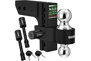 Rhino USA Adjustable Trailer Hitch (Fits 2-Inch Receiver) - Heavy Duty Aluminum Tow Hitches with 6-Inch Drop/Rise for Truck (12,500 LBS GTW) - Weatherproof Double Anti-Theft Locking Hitch Pins (Black)