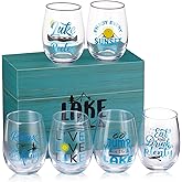 Qinyoung 7 Pcs Lake House Gifts 20 oz Lake Stemless Wine Glasses with Box Lakeside Inspired Boat Life Gifts