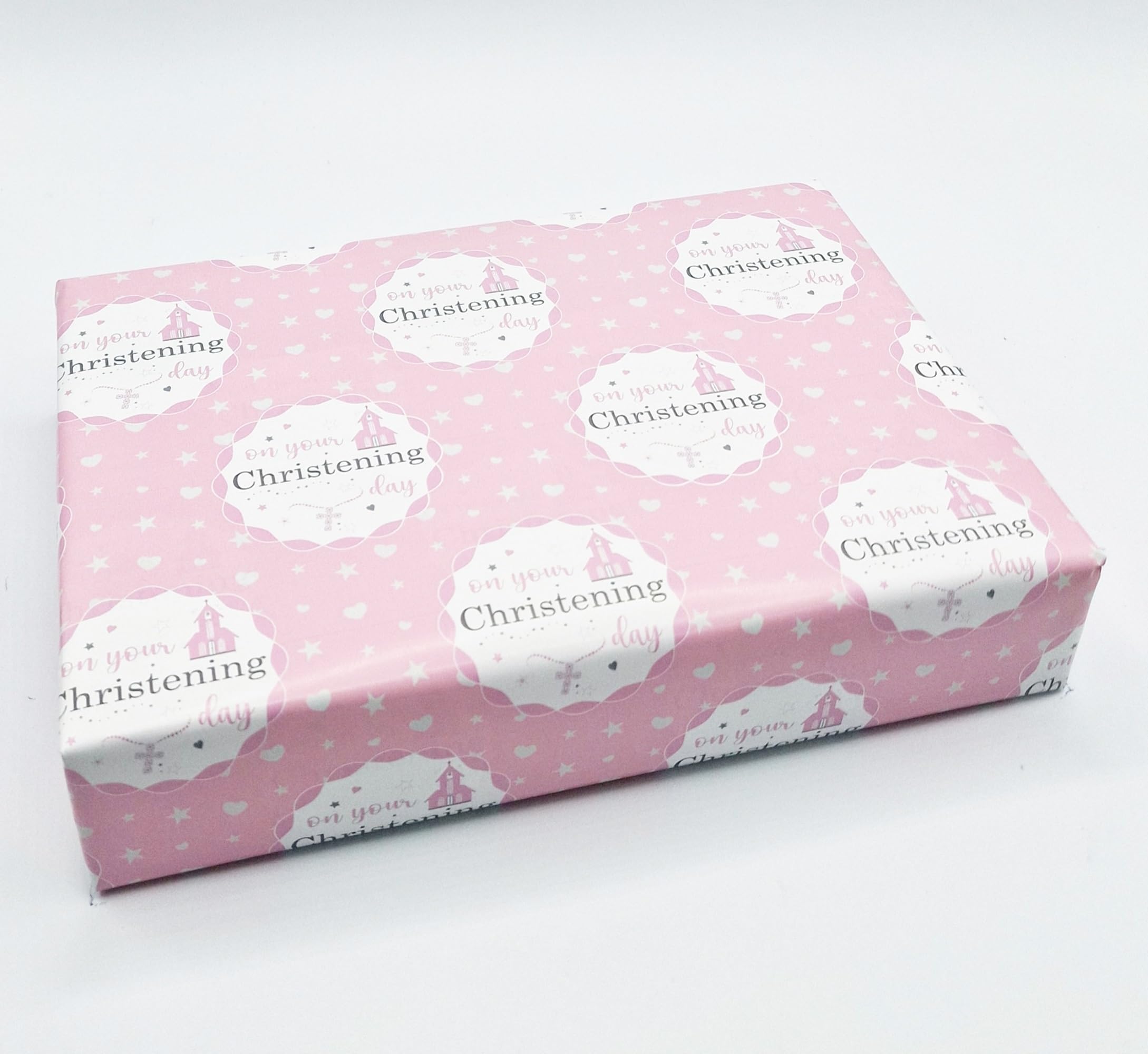 2 Sheets 2 Tags On Your Christening Day Girl Rosette Design Wrapping Paper Gift Wrap Pink and White