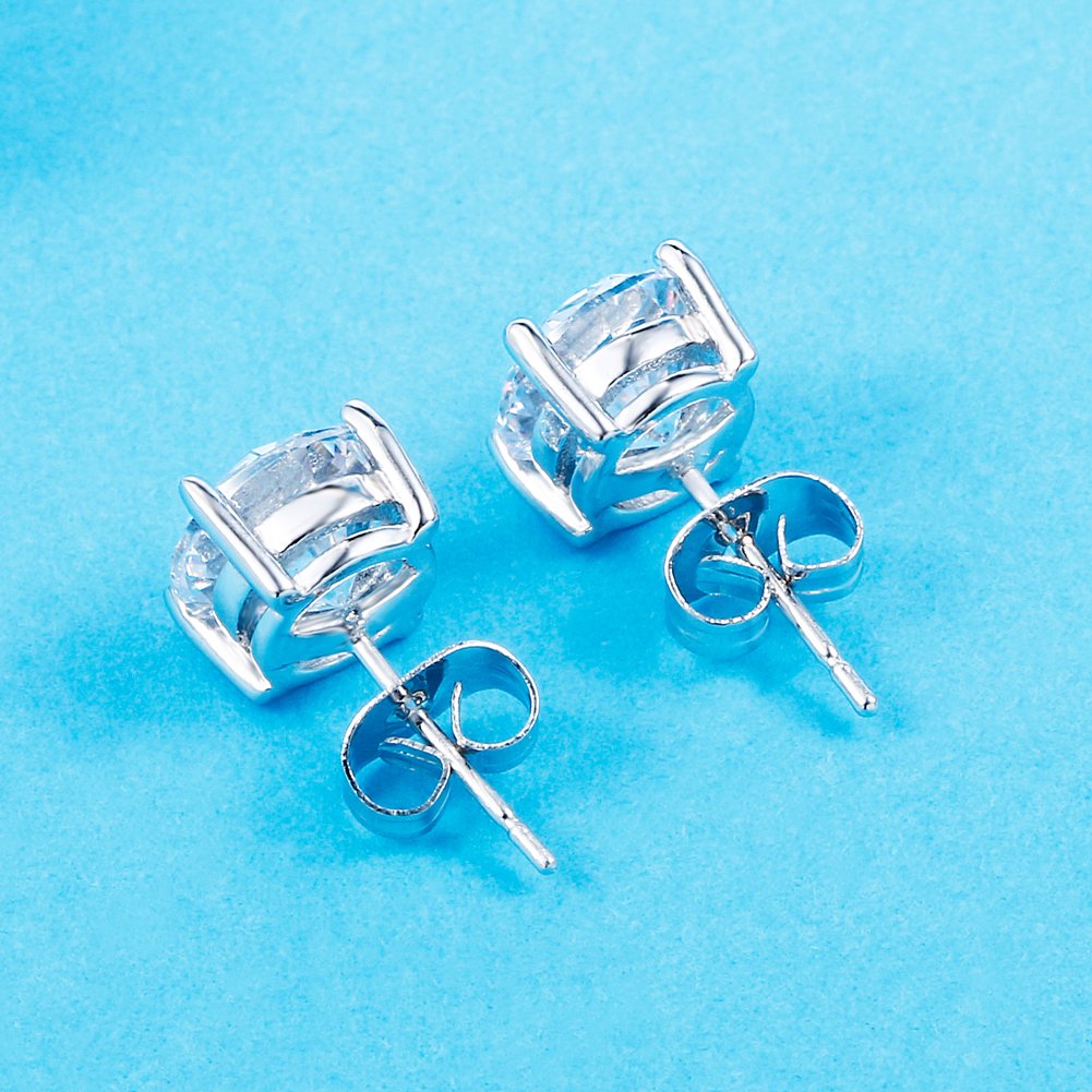 Platinum Plated Round Cubic Zirconia Simple Stud Diamond Earrings for Sensitive Ear,Come with Back