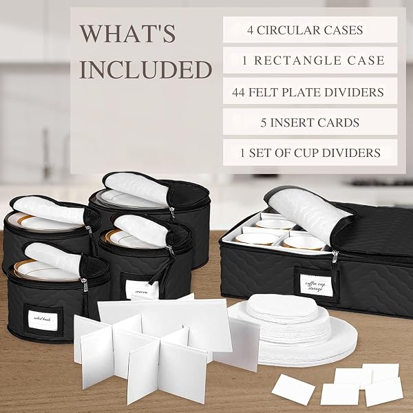 CHINA STORAGE CONTAINERS 5-PIECE SET MOVING BOXES FOR DINNERWARE, GLASSES, PLATES, MUGS AND SAUCERS STURDY QUILTED MICROFIBER DISH ORGANIZER WITH DIVIDERS FOR SEASONAL STORAGE – HOLDS SET OF 12, BLACK