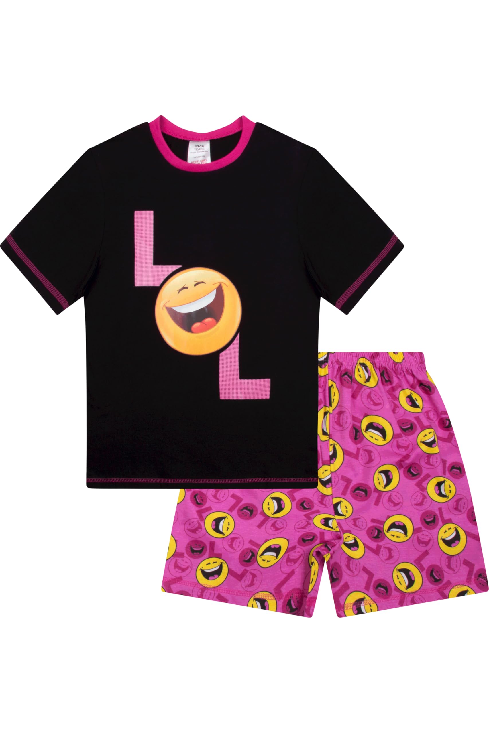 ThePyjamaFactory Girls LOL Happy Face Laugh Out Loud Short Pyjamas 9 to 16 Years (10-11 Years) Black