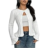 SHENHE Women's Ruffle Cardigan Button Up Crewneck Long Sleeve Fall Knit Y2k Sweater Cardigan