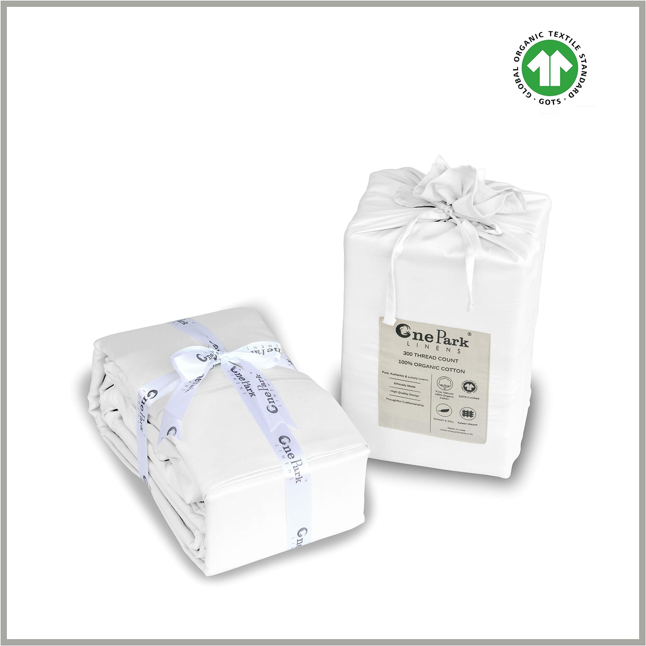 ONE PARK LINENS Organic Cotton Sheet Set GOTS Certified – Sateen Weave Eco Friendly 300 Thread Count Luxurious and Soft - Queen,White
