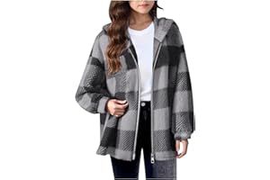 Ayolanni Girls Fleece Jacket with Pocket Zip up Hooded Plaid Shacket Kids Long Sleeve Sherpa Winter Warm Outwear Teen Clothes
