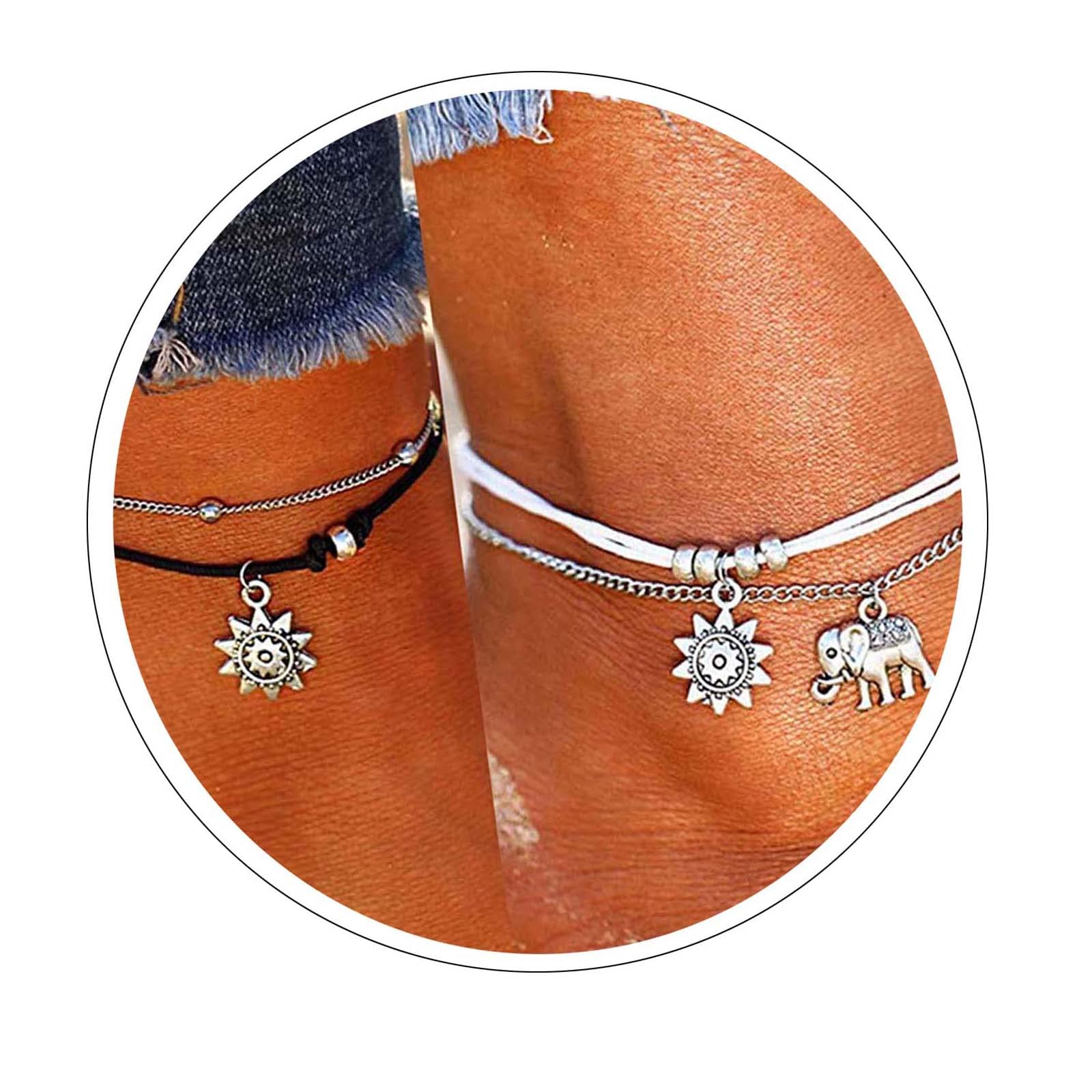 2PCS Cute Anklets,NewChiChi Elephant & SunFlower Boho Layered Ankle Bracelets,Vintage Rope Chain Adjustic Anklets Handmade Beach Foot Jewelry for Women Girls