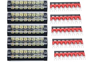 URBEST Terminal Block Barrier Strip 5Pack Dual Row 600V 25A 8 Position Screw Block and 10Pack 8 Postion Pre-Insulated Fork Terminal Strip Black/Red 400V 25A