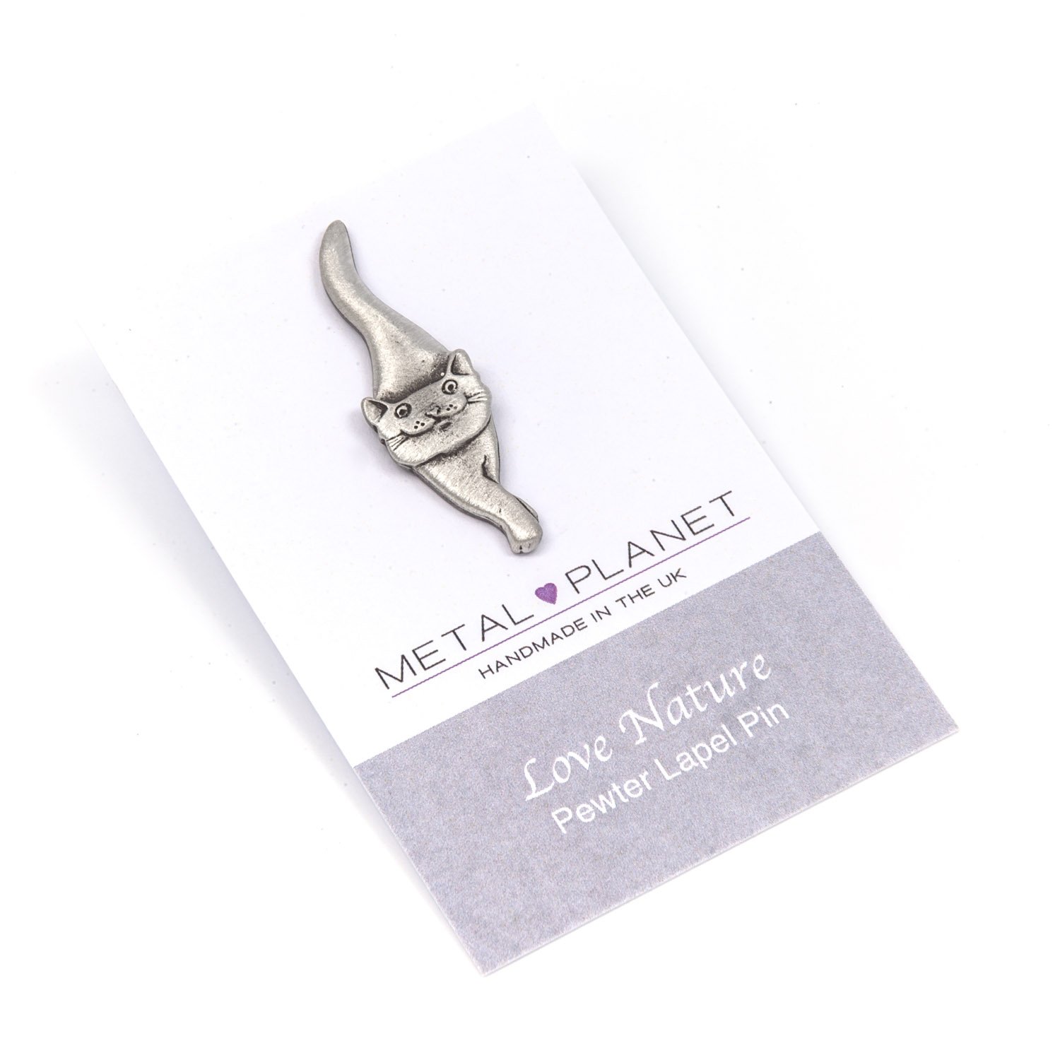 Cat with twisted tail design, pewter pin badge by Luna London, UK. Gift