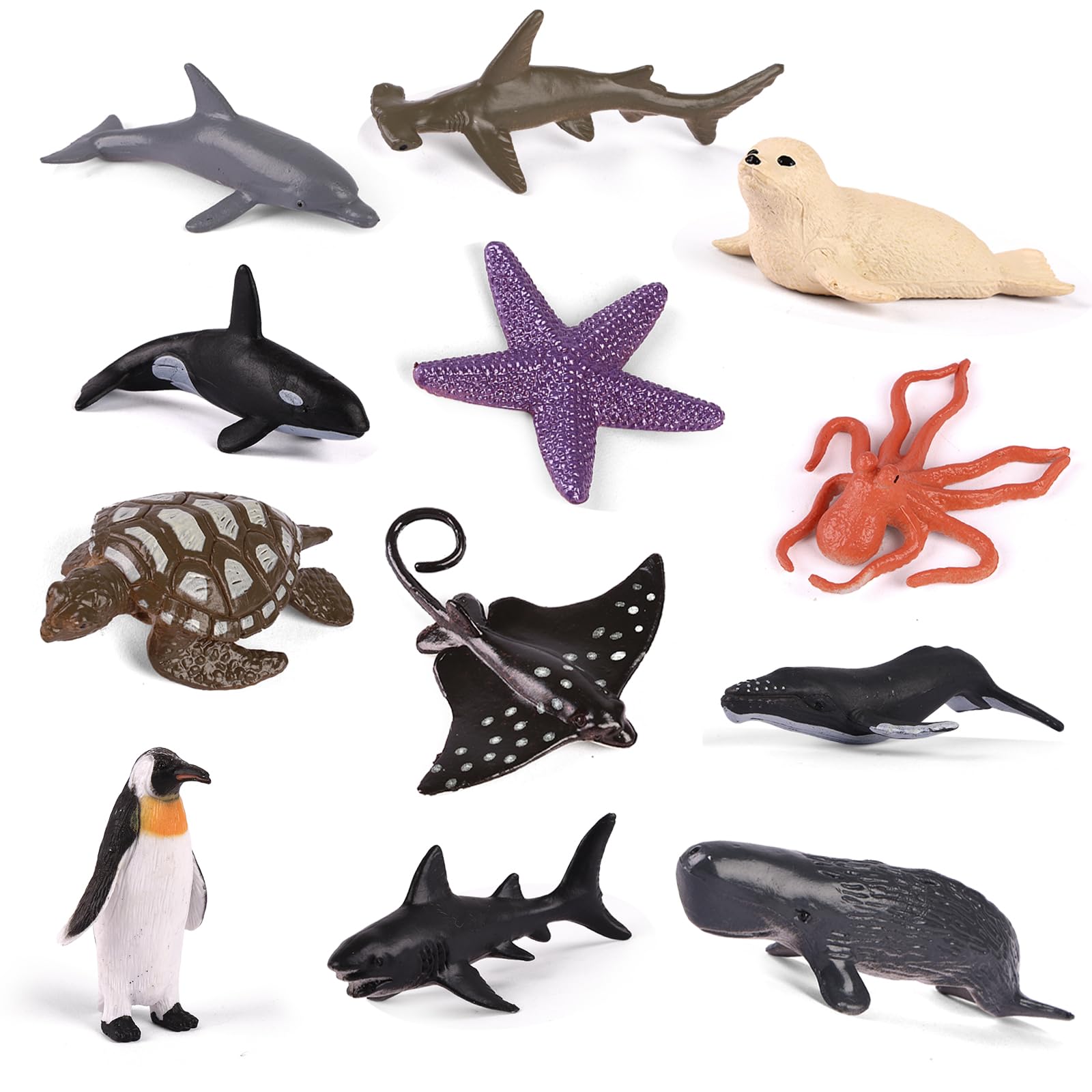 Maxmoc 12PCS Sea Animal Toys Set, Realistic Ocean Animal Figures with Dolphin, Whale, Shark, Turtle, Penguin, Seal, Plastic Animals Toys for Kids Educational Play and Party Favors