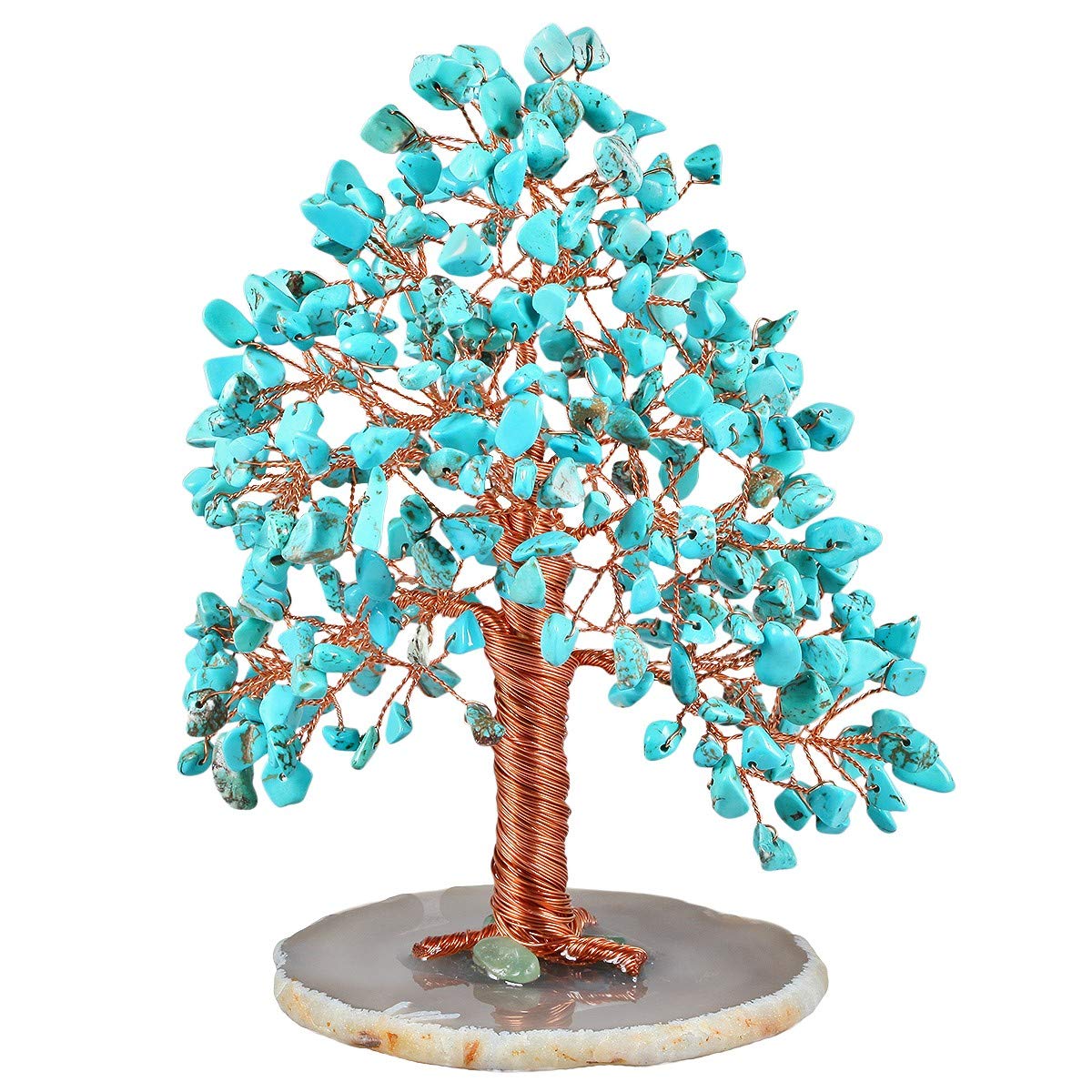 mookaitedecor Green Howlite Turquoise Tumbled Stone Money Tree, Gemstone Feng Shui Ornament Healing Crystal Tree of Life Gift Bedroom Living Room Accessories Good Luck Decoration, Agate Slice Stand