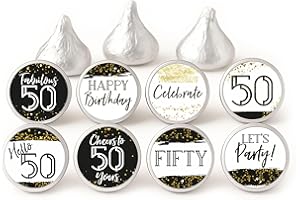 50th Birthday Candy Stickers for Hershey’s Kisses by Adore By Nat – Black and Gold Party Favor Labels – 0.75" Round - Set of 