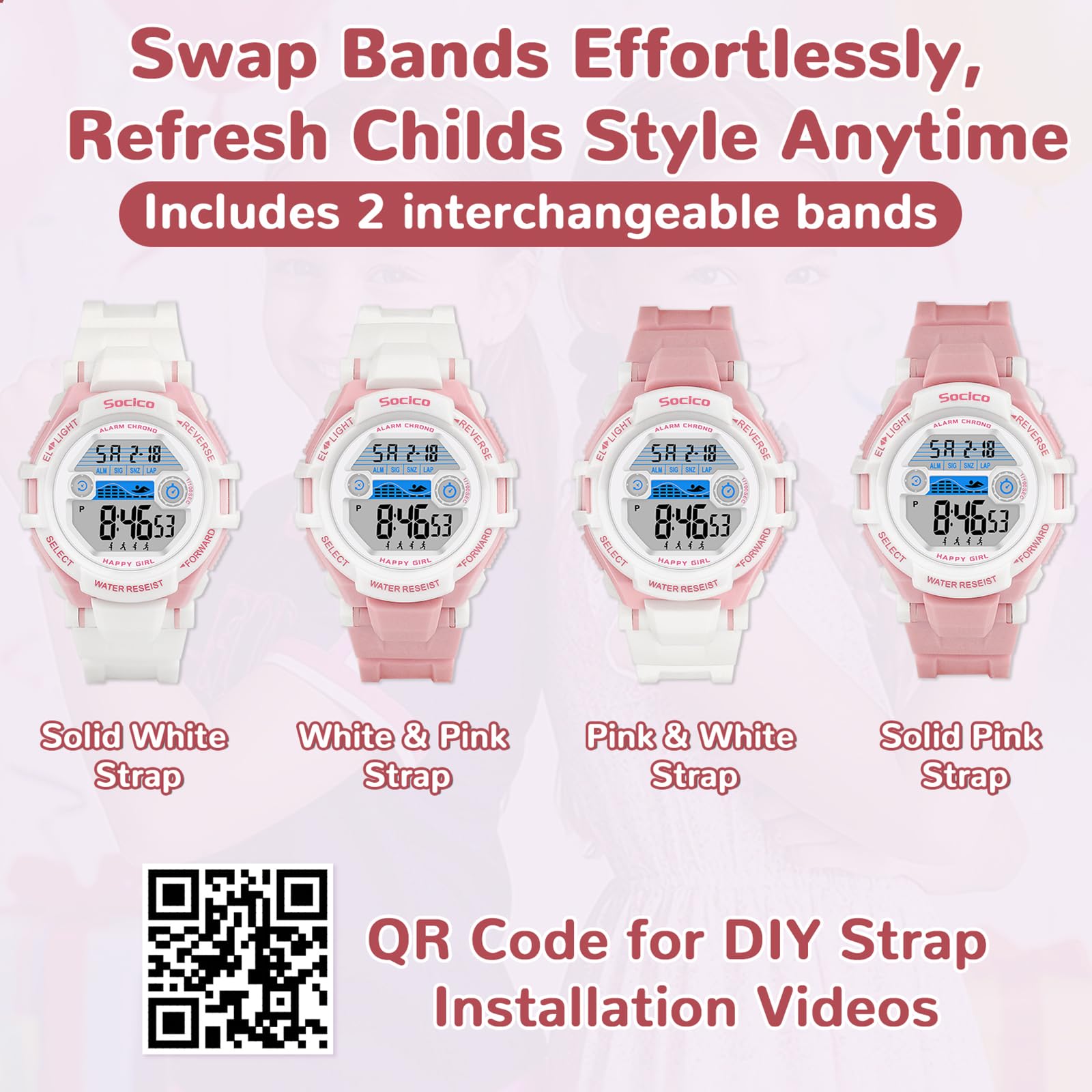 SOCICO Kids Digital Watch for Boys Girls, 50M Waterproof Sports Watch for Kids with 7 Color Backlight, Stopwatch, Alarm, Calendar, 2 Soft Silicone Straps, Great Birthday Christmas Gifts for Teens Aged 5-18