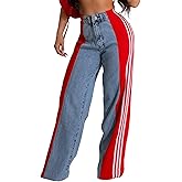 Xadsfeel Women's Patchwork Wide Leg Jeans High Waist Baggy Stripes Jeans Stretchy Straight Denim Pants