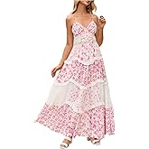 Women Floral Patchwork Maxi Dress V Neck Sleeveless Cross Back Spaghetti Strap Tiered Sundress Summer Long Dress