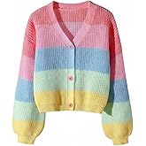 BEAUDRM Girl's Rainbow Cardigan Sweater Fall Cute Sweaters Colorblock Button Down Cardigan Long Sleeve Knitted Top