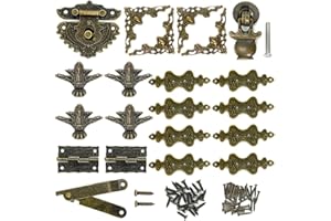 QINIZX Retro Jewelry Box Antique Lock Latch Hasp Latches Buckle Vintage Bronze Engraved Hinges Drawer Handle Box Corner Protectors and Box Feet Legs with Screws for Decorative Small Wood Storage Makeup Box