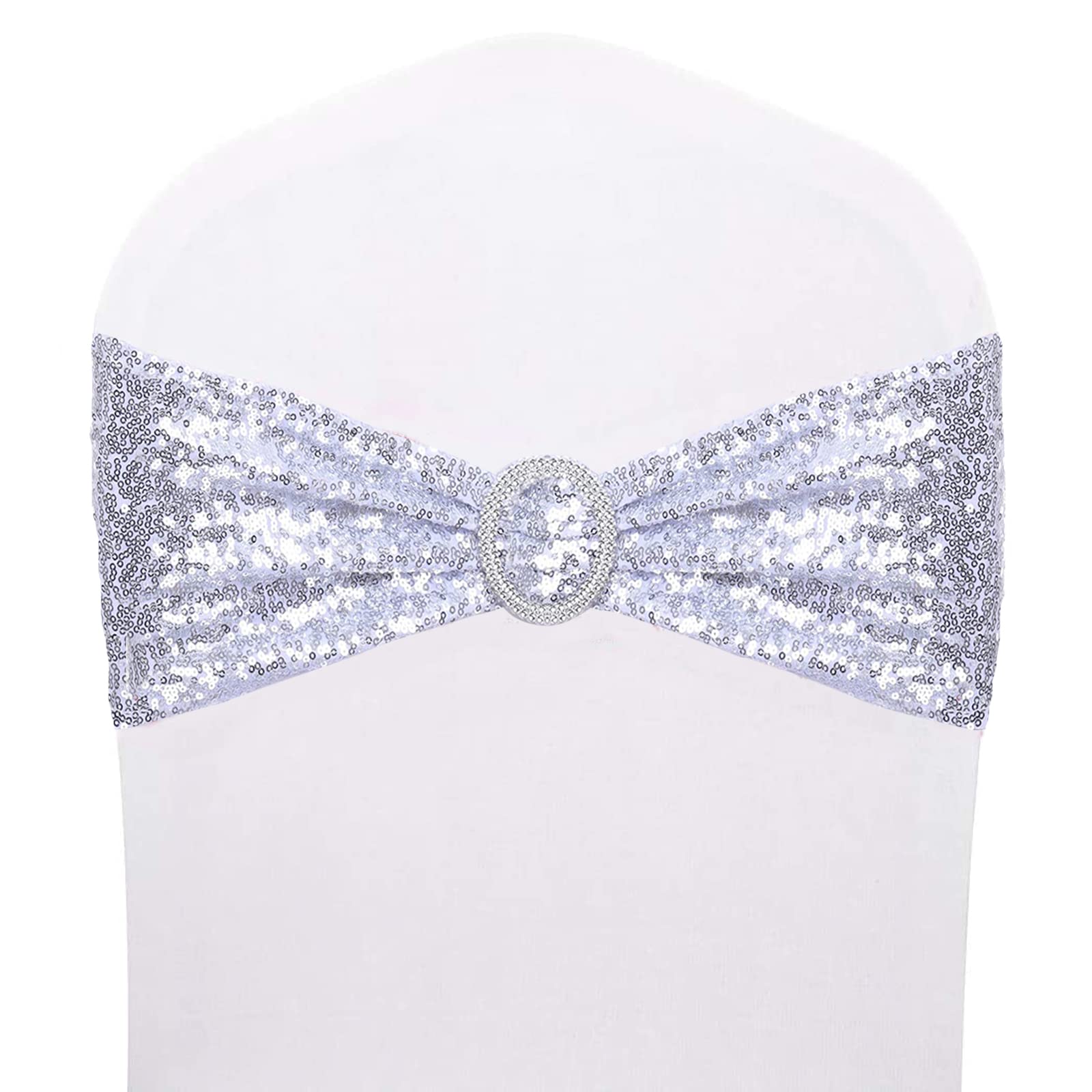 Photo 1 of SHElifestyle Sequin Chair Sashes with Buckles, Pack of 100 Stretchy Spandex Chair Bands One Side Sequin Bow for Wedding Party Banquet Reception Decoration (Silver)