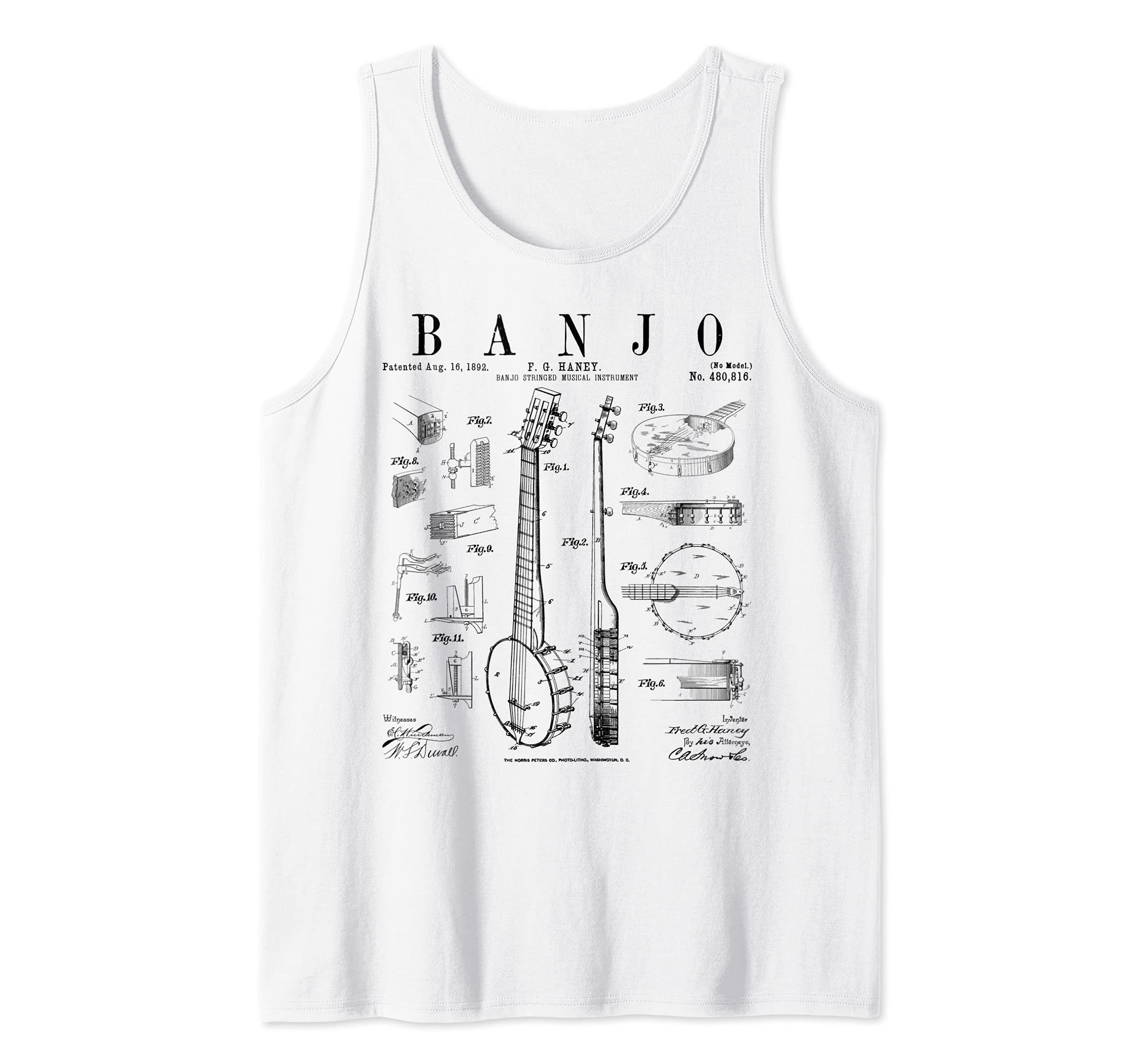 Banjo Musical Instrument Vintage Patent Drawing Print Tank Top
