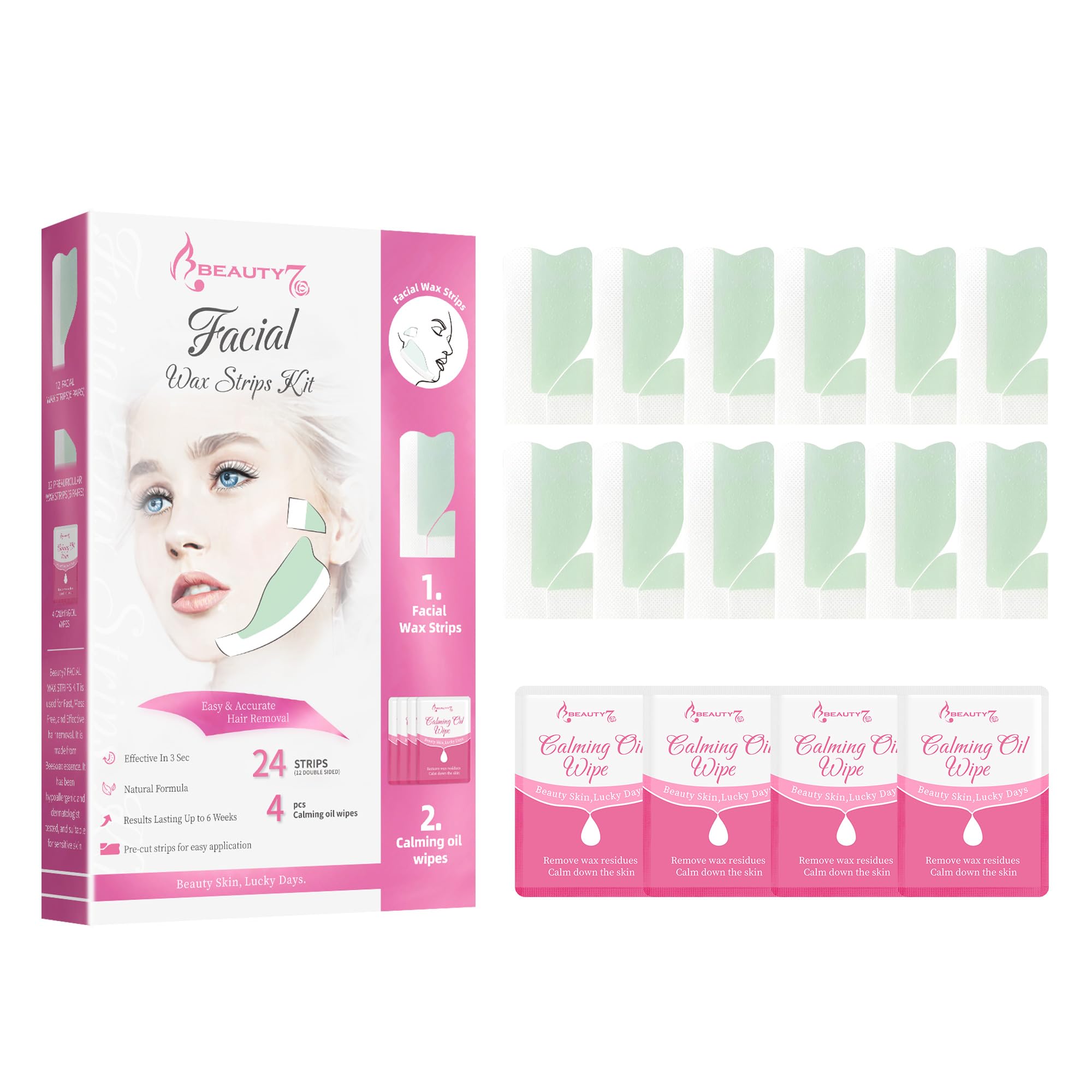 Beauty7 Wax Strips Facial 24pcs Wax Strip With 4pcs Soothing Oil Wipe 3 Seconds Quick Hair Removal Cold Wax Strips for Silky Skins