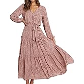R.Vivimos Women's Fall Long Sleeve Casual Dresses Wrap V Neck Tiered Ruffle Flowy Midi Dress with Belt