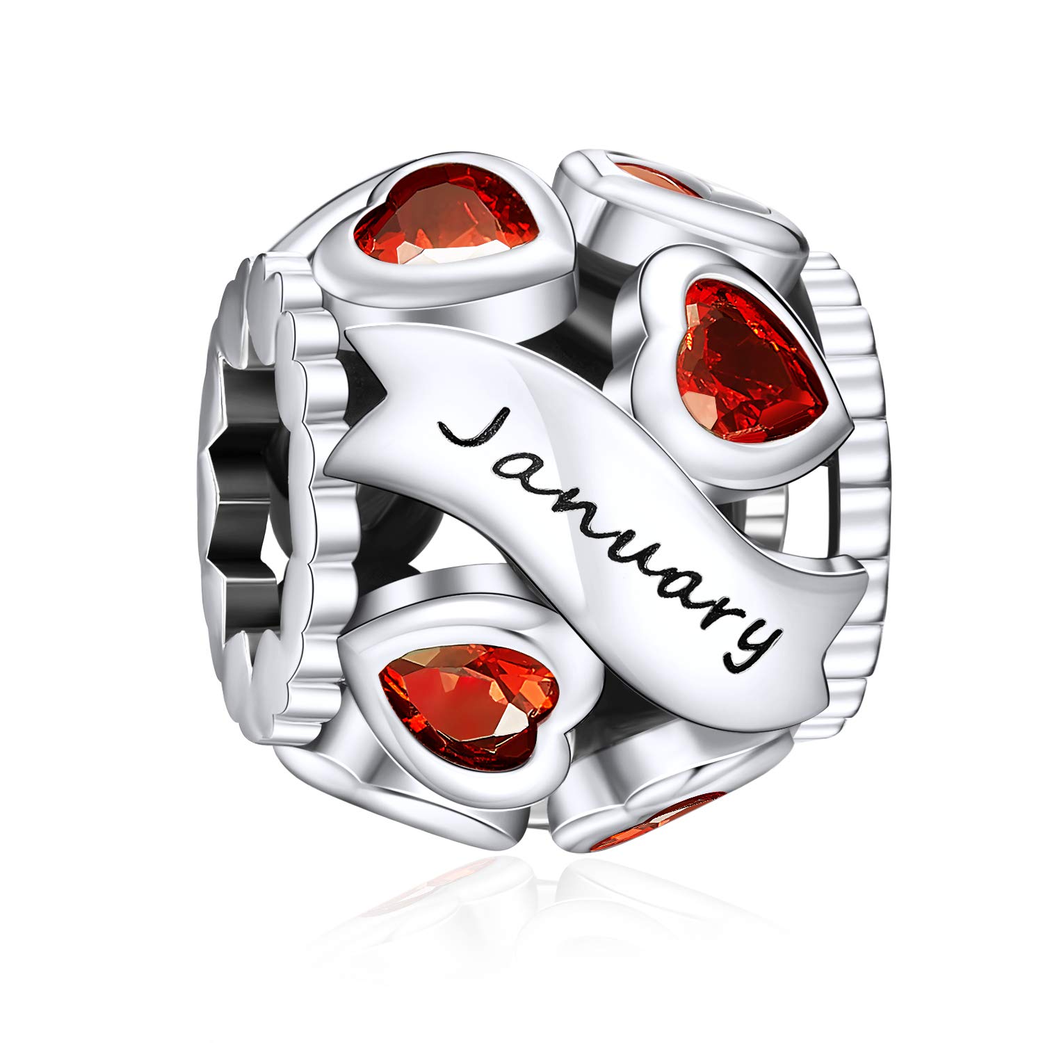 NINGAN Birthstone Charms for Bracelets-925 Sterling Silver Openwork Bead Charms, Love Heart Charms for Bracelets and Necklaces, Happy Birthday Gifts for Women Girls (January)