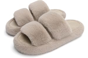 Chantomoo Women's Slippers Memory Foam Slippers for Women Fuzzy Comfy Faux Fur House Shoes Furry Bedroom Indoor Open Toe Slippers Two Bands Trendy Gift Slippers