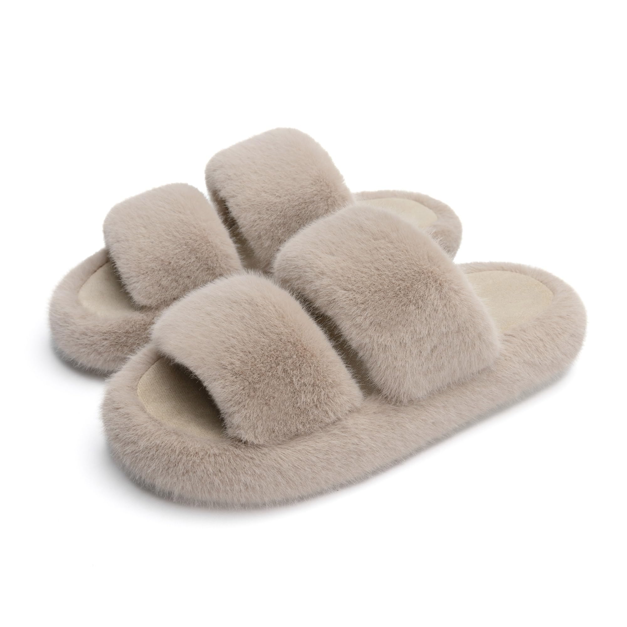 Photo 1 of Chantomoo Women's Memory Foam Fuzzy Comfy Faux Fur House Shoes - Furry Bedroom Indoor Open Toe Slippers - Two Bands Trendy Gift Slippers - Light Brown Size 8.5, 9, 10