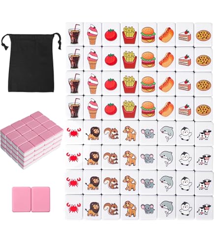 Mahjong Push Tile Game 64-Piece Set - Dog And Food Patterned Tiles For Kids And Adults