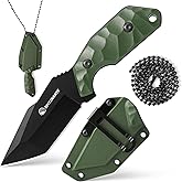 SPITZKANTE Neck Knife with Sheath and Necklace X-TAN-K, Full Tang Tanto Knife with 5Cr14MoV Steel Blade and Green ABS Handle, Horizontal Carry Knives