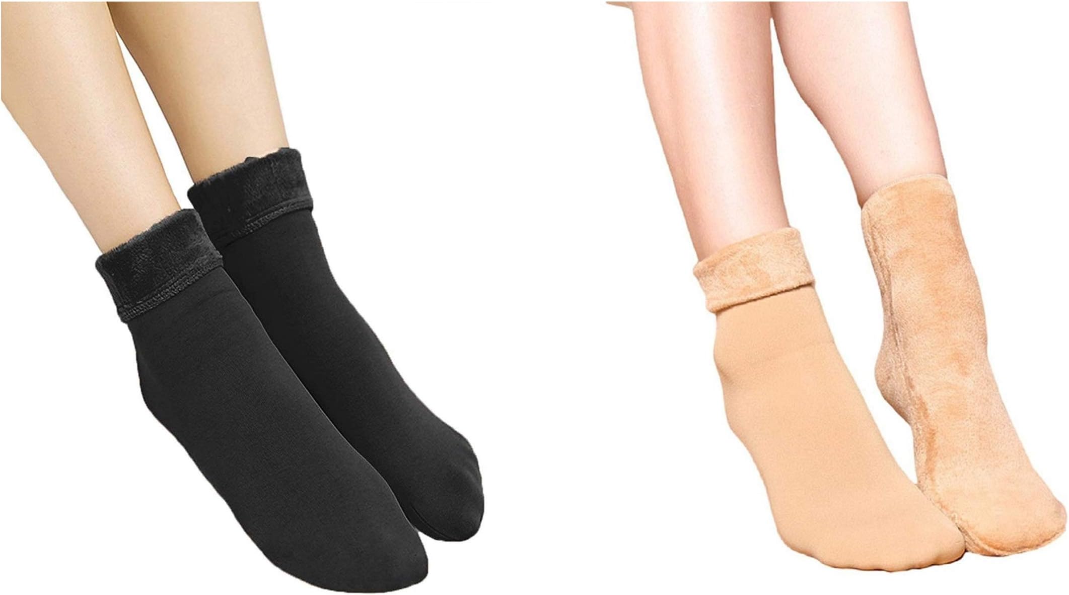 Soft & Cozy Solid Winter Thick Warm Fleece Lined Thermal Stretchy Elastic Velvet Socks for Girls/Ladies/Women - Beige & Black(2 Pair)