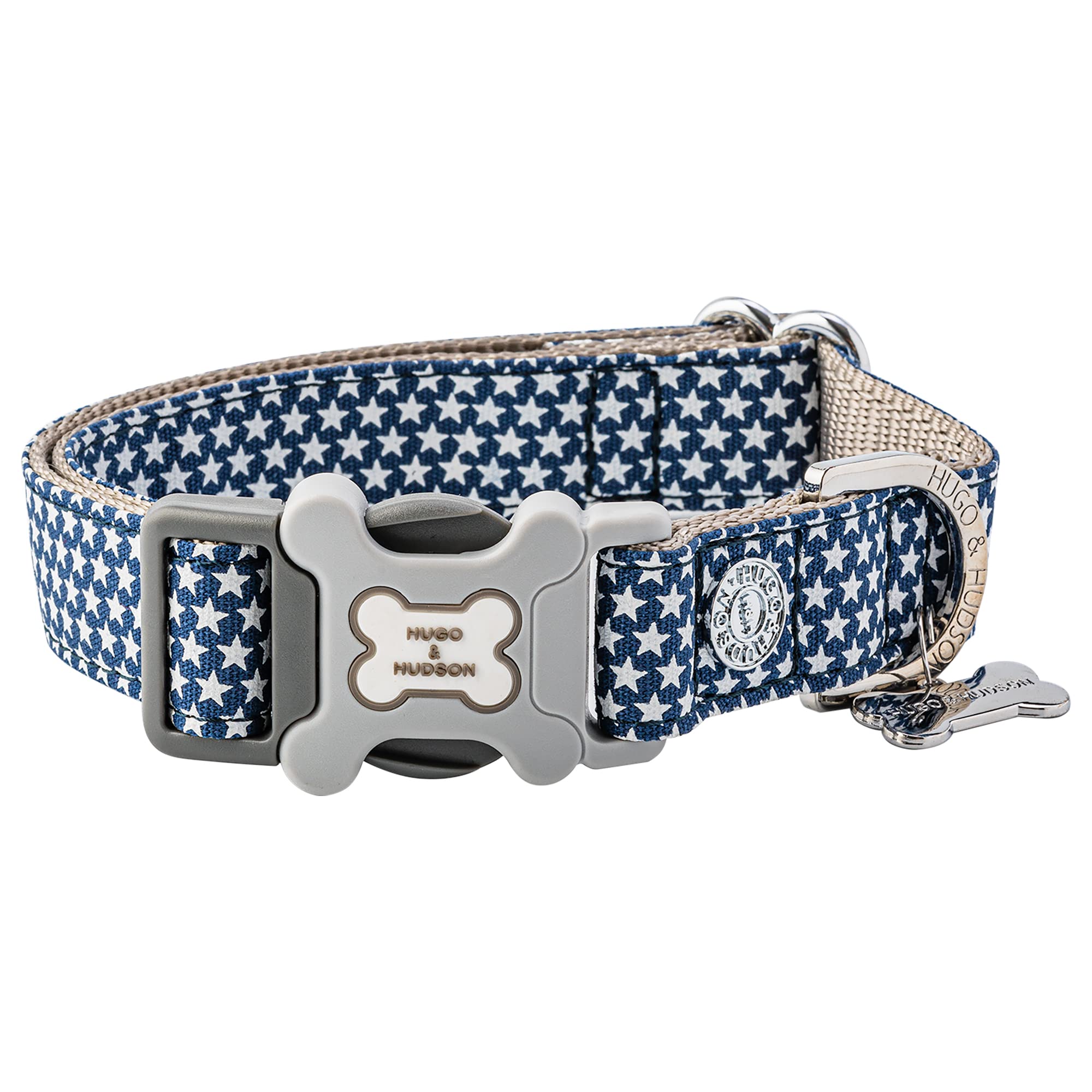 HUGO & HUDSON Nylon Dog Collar with Quick Release Safety Buckle, Navy Star, S