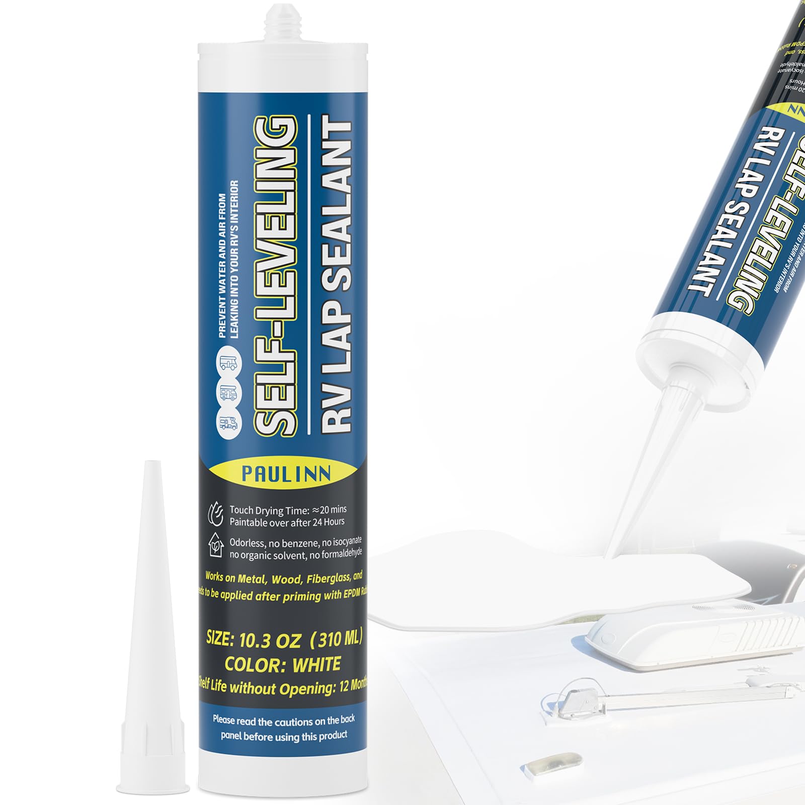 Photo 1 of PAULINN RV Roof Sealant Self Leveling, Lap Sealant for RV Roofs, Camper Repair, Caulking, Rubber Roof EPDM, Flexible, UV & Waterproof, no Smell and Safe for RV Indoor use, White, 1 Pack