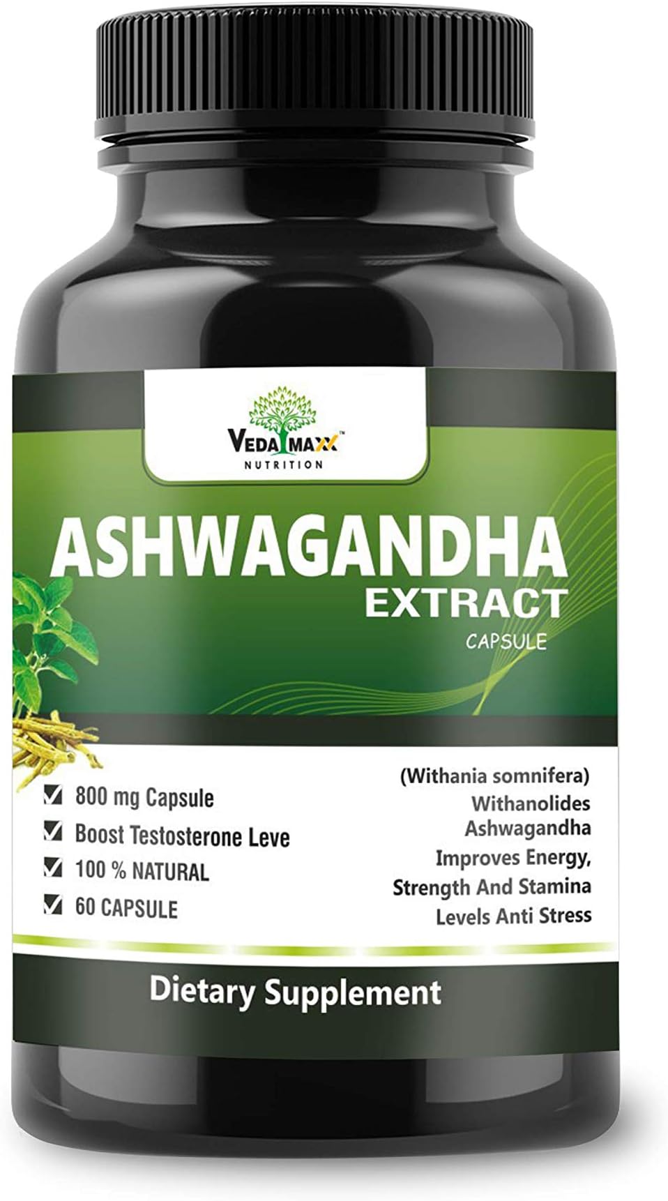VEDA MAXX Ashwagandha Extract Indian Ginseng Withania Somnifera with Withanolide Natural Whole-Food Vegetarian Tablet for Energy, Strength, Stamina and Anti-Stress (800 mg, 60 Capsules)
