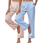 Ekouaer 2 Pack Women Silk Satin Pajamas Pants Lounge Pants Loose Elastic Waist Pj Bottoms with Pockets