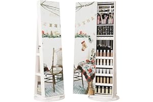 LVSOMT 360° Swivel Mirror with Jewelry Cabinet, Frameless Full Length Mirror with Jewelry Storage, Lockable Standing Mirrored Jewelry Organizer with 3 Shelves, White Surface & Black Lining