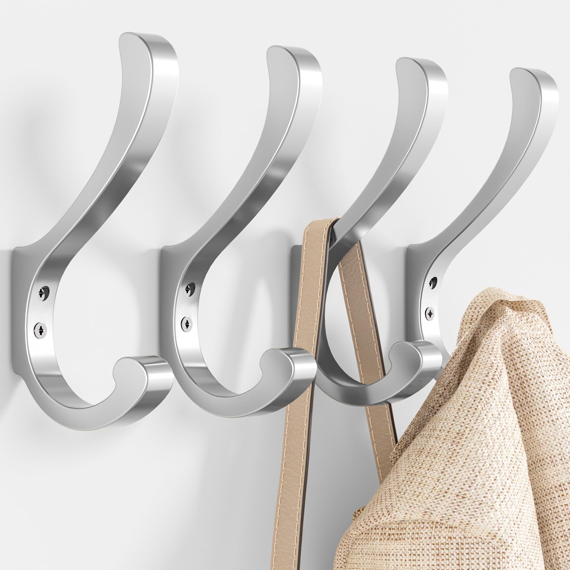 Photo 1 of Coat Hooks for Hanging Heavy Duty - Extra Large (5.4 inch) Wall Mount Hooks for Backpacks, Purses, Clothes, Towels, Bags - Metal Screw-in Hooks for Mudroom, Closet, Door, Bathroom (Silver, 4 Pack)