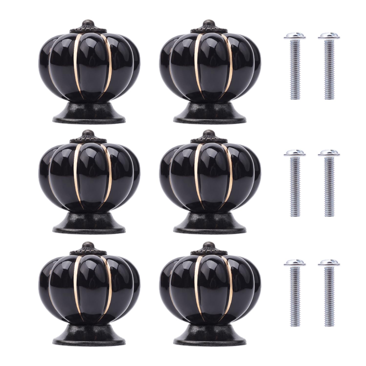 Pack of 6 Ceramic Cabinet Knobs Pumpkin Ceramic Furniture Knobs Cabinet Handles Ceramic Knobs for Furniture with Screws for Office Furniture, Kitchen Cabinet, Drawers, Chest of Drawers (Black)