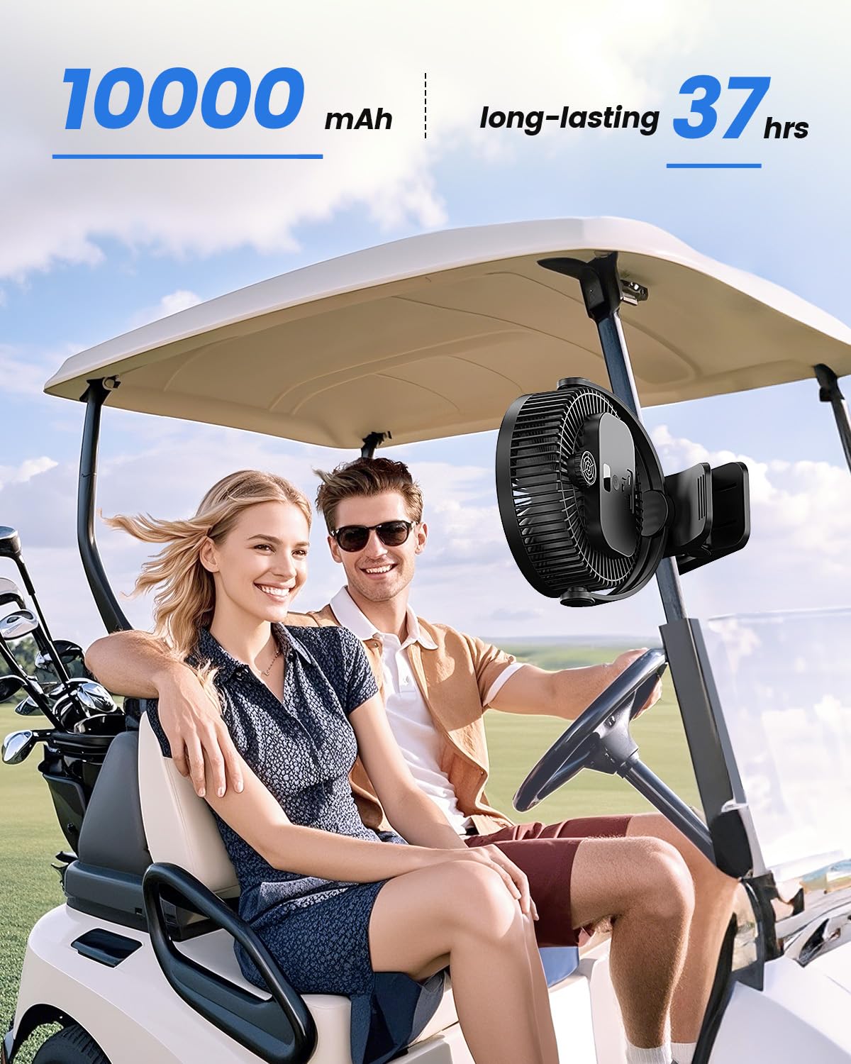 EasyAcc 10000mAh Portable Clip on Fan - 8 inch 37H Working Time Quiet Battery Rechargeable Desk Fan, Strong Airflow, Digital Display, 5 Speeds, Sturdy Clamp Fan for Golf Cart Office Bed Travel Camping