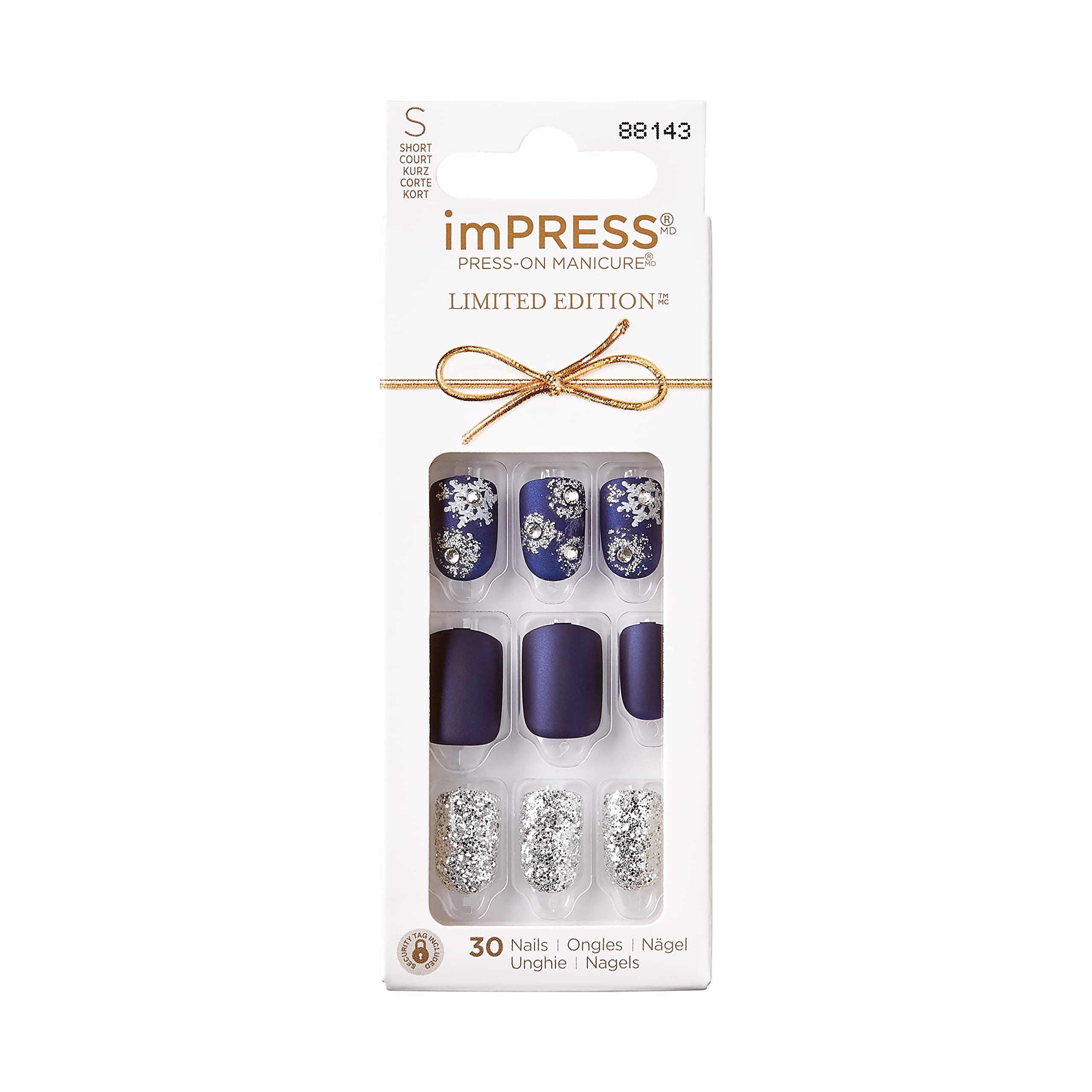 KISS imPRESS Limited Edition Holiday Press-On Manicure with PureFit Technology, Short Length, Square Shaped, Blue Press-On Nails, Style 'Feeling Pine’