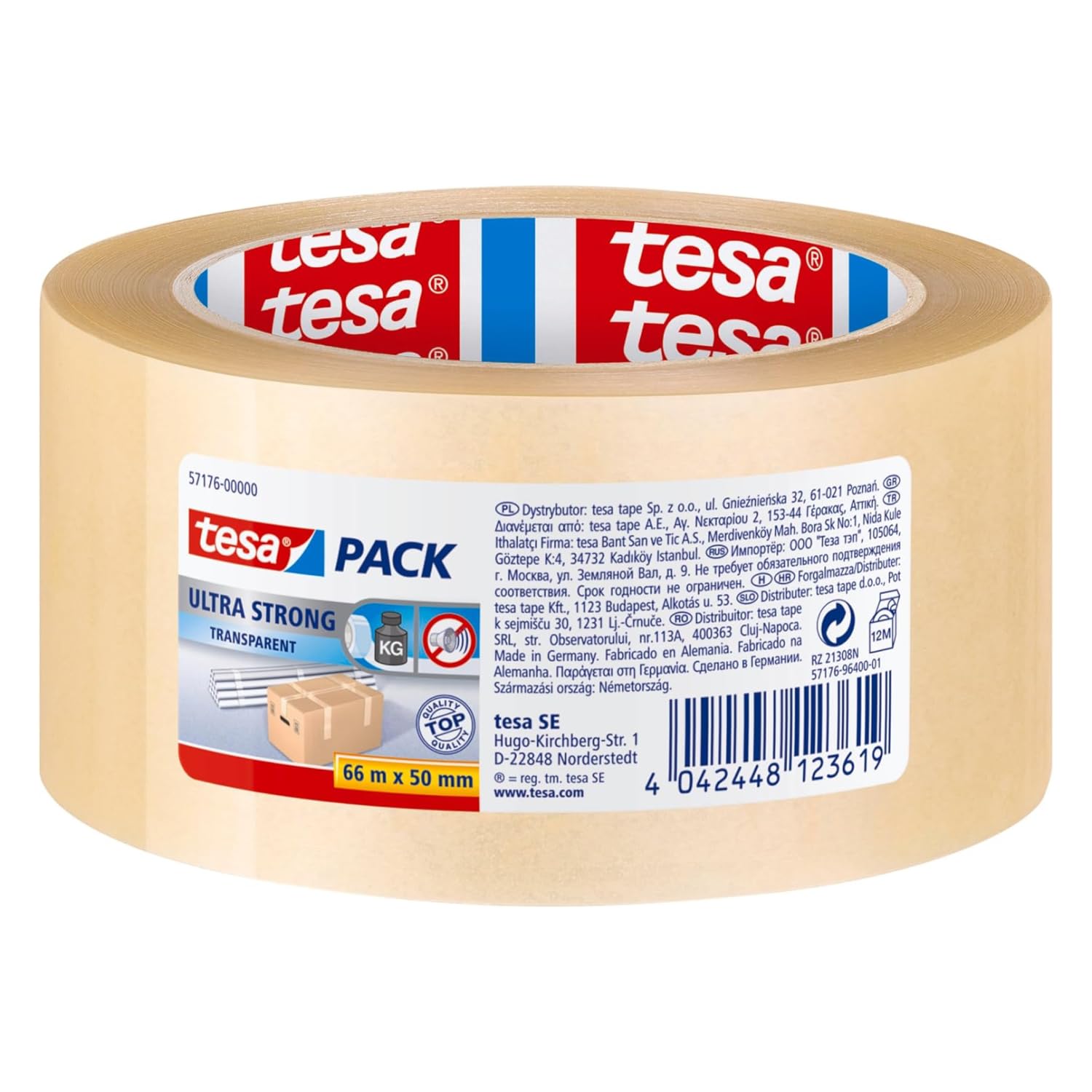 tesapack Ultra Strong - PVC Packing Tape for Firm Packaging and Secure Packing - transparent - 66 m x 50 mm