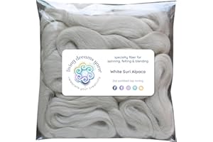 LIVING DREAMS YARN Suri Alpaca Fiber for Spinning, Blending, Felting, Dyeing & Doll Making. Natural White Combed Top Roving.