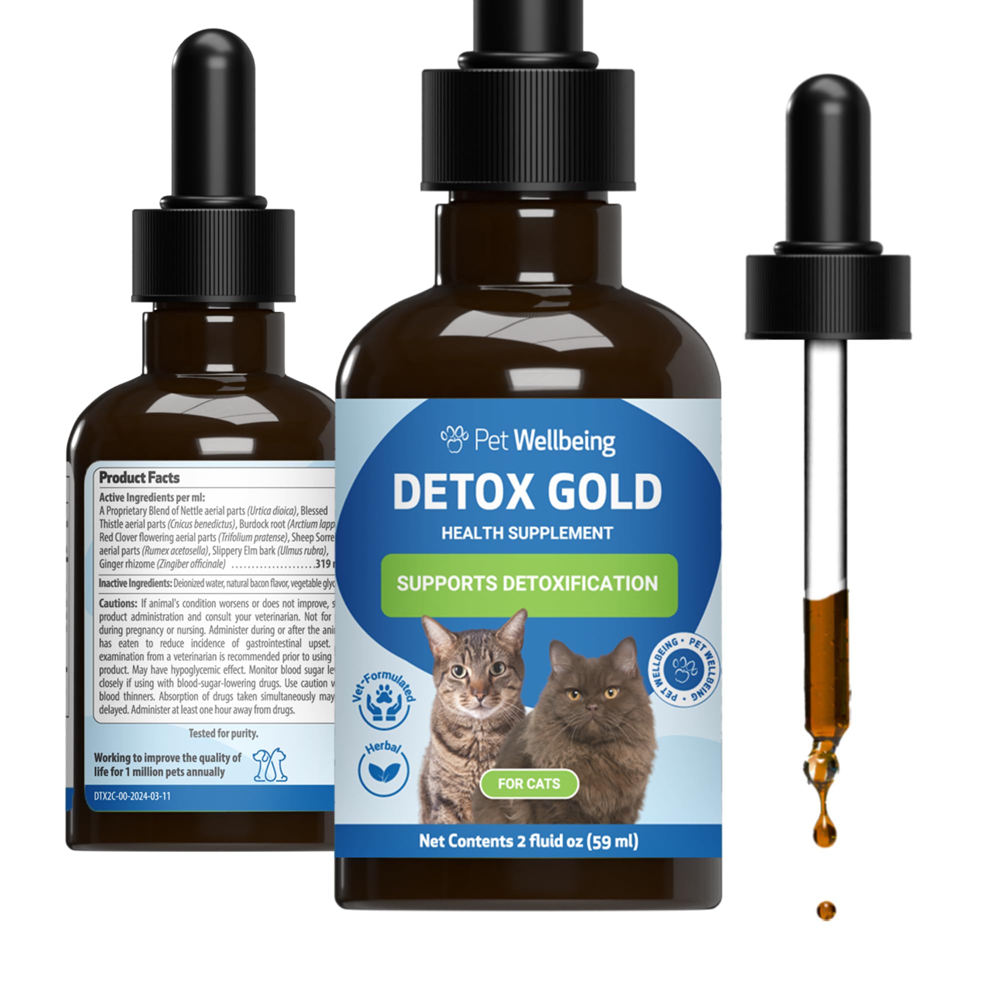 Pet Wellbeing Detox Gold for Cats - Gentle Detoxification & Elimination Support, Immune System Care, Nettle, Blessed Thistle, Burdock root - Veterinarian-Formulated Herbal Supplement 2 oz (59 ml)