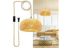 BESER·WIN Plug in Pendant Light, 3 Color Bulb Pendant Light Fixtures, Hanging Light with 15 Ft Hemp Rope Cord On/Off Switch, Bamboo Lamp Shade Wicker Rattan Hanging Lights Fixture for Bedroom, Kitchen Island