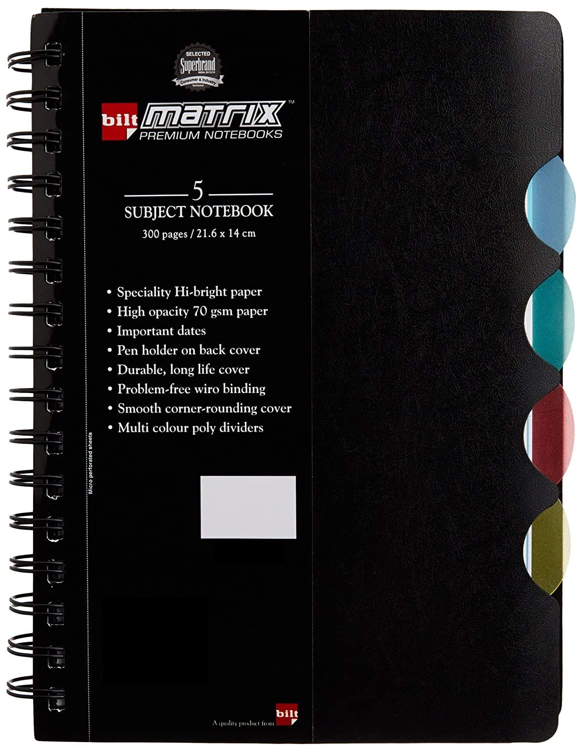 BILT Matrix Premium 5 Subject Notebook – A5, 70 GSM, 300 Pages, Single Line Ruled (Pack of 2)