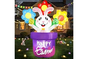 Boveco 5 FT Easter Inflatable Outdoor Decoration Inflatables Bunny with Potted and Eggs Blow up Cute Rabbit for Yard Lawn Garden Holiday Party Décor