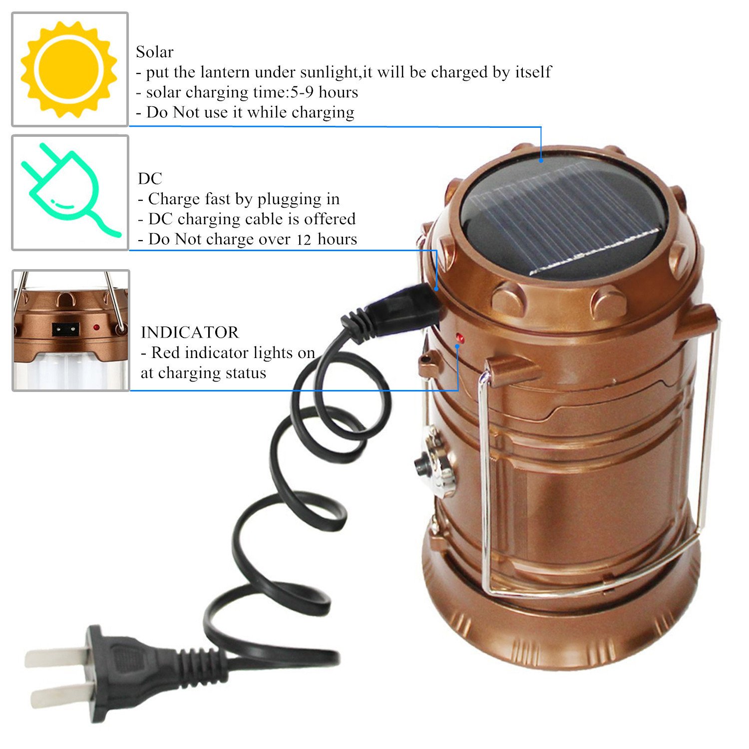 GAXmi Solar Camping Lantern Rechargeable Emergency Light Portable Collapsible LED Flashlight (Bronze)