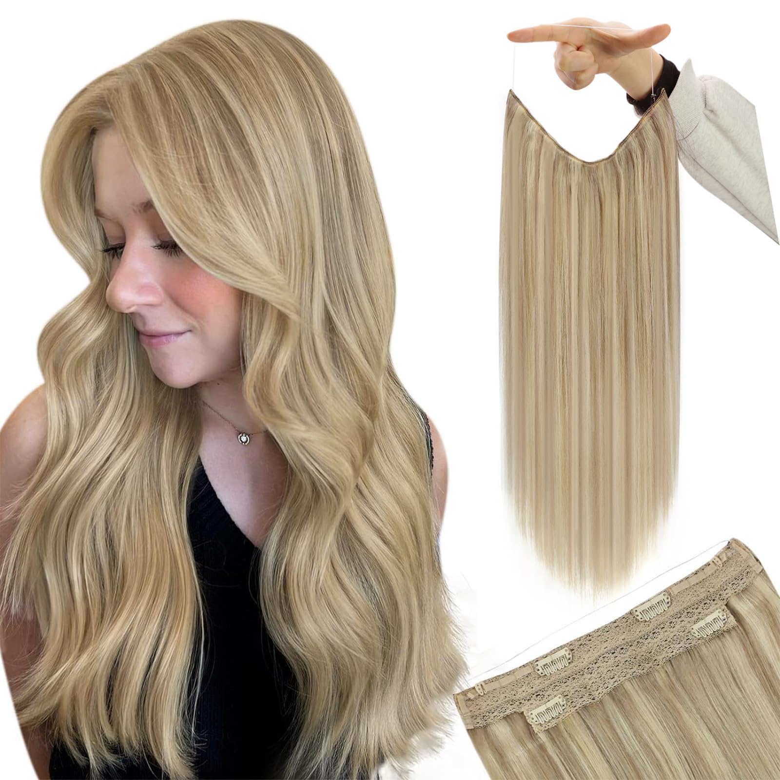 YoungSee Wire Hair Extensions Blonde 20inch 100g Wire Hair Extension Real Human Hair Golden Blonde Highlighted Dark Ash Blonde Wire Real Human Hairpiece for Beginners Long Straight One Piece — image 1